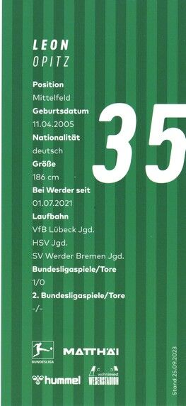 Autogramm Fussball | SV Werder Bremen | 2023 | Leon OPITZ