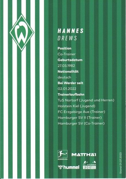 Autogramm Fussball | SV Werder Bremen | 2023 | Hannes DREWS