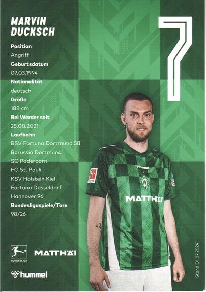 Autogramm Fussball | SV Werder Bremen | 2024 | Marvin DUCKSCH 