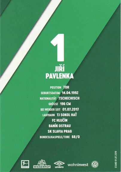 Autogramm Fussball | SV Werder Bremen | 2019 | Jiri PAVLENKA