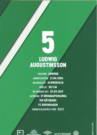 Autogramm Fussball | SV Werder Bremen | 2019 | Ludwig AUGUSTINSSON