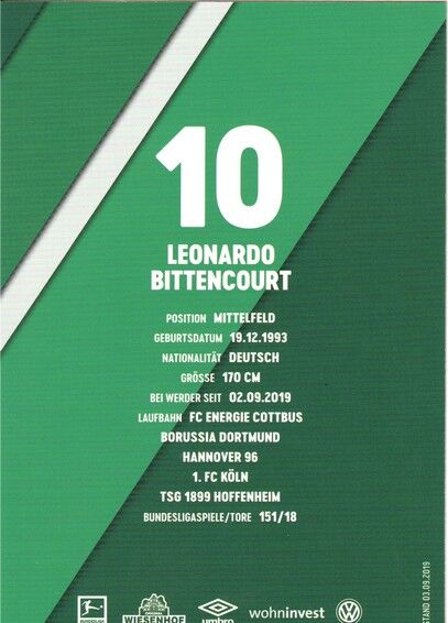 Autogramm Fussball | SV Werder Bremen | 2019 | Leonardo BITTENCOURT