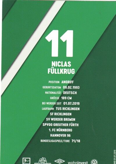 Autogramm Fussball | SV Werder Bremen | 2019 | Niclas FÜLLKRUG