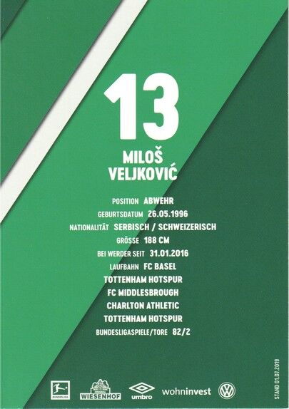 Autogramm Fussball | SV Werder Bremen | 2019 | Milos VELJKOVIC