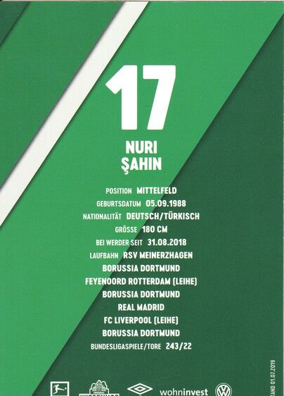 Autogramm Fussball | SV Werder Bremen | 2019 | Nuri SAHIN