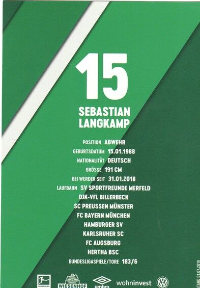 Autogramm Fussball | SV Werder Bremen | 2019 | Sebastian LANGKAMP