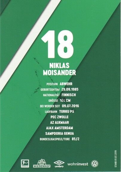 Autogramm Fussball | SV Werder Bremen | 2019 | Niklas MOISANDER