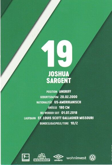 Autogramm Fussball | SV Werder Bremen | 2019 | Joshua SARGENT