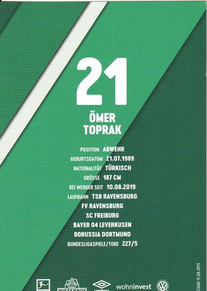 Autogramm Fussball | SV Werder Bremen | 2019 | Ömer TOPRAK