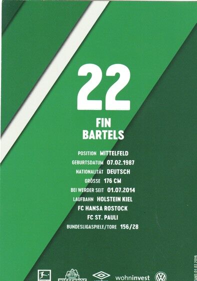 Autogramm Fussball | SV Werder Bremen | 2019 | Fin BARTELS