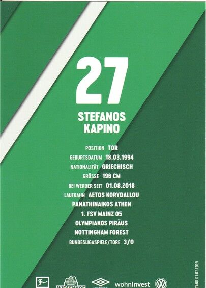Autogramm Fussball | SV Werder Bremen | 2019 | Stefanos KAPINO