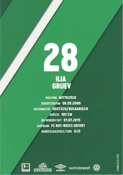 Autogramm Fussball | SV Werder Bremen | 2019 | Ilia GRUEV
