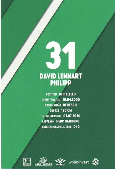 Autogramm Fussball | SV Werder Bremen | 2019 | David Lennart PHILIPP