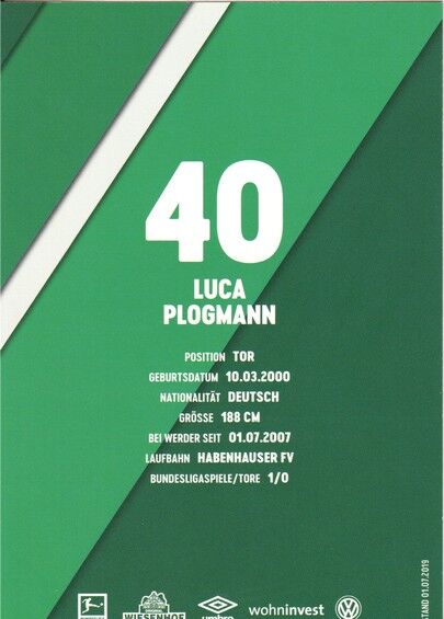 Autogramm Fussball | SV Werder Bremen | 2019 | Luca PLOGMANN