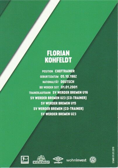 Autogramm Fussball | SV Werder Bremen | 2019 | Florian KOHFELDT