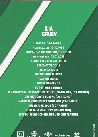 Autogramm Fussball | SV Werder Bremen | 2019 | Ilia GRUEV (Co)