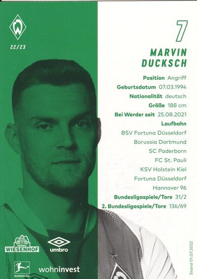 Autogramm Fussball | SV Werder Bremen | 2022 | Marvin DUCKSCH