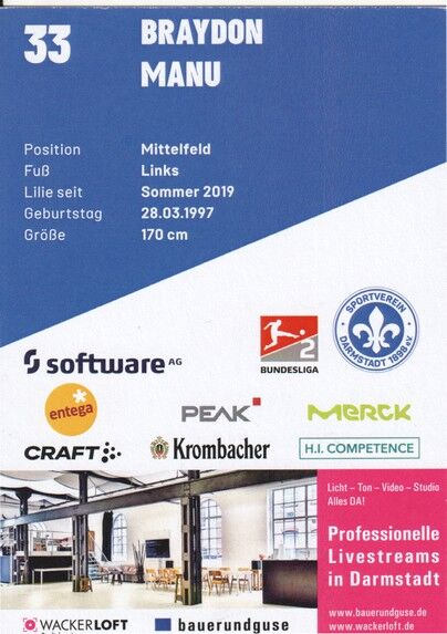 Autogramm Fussball | SV Darmstadt 98 | 2021 | Braydon MANU