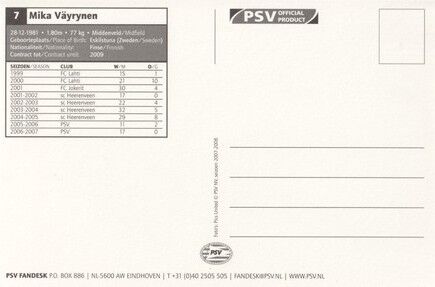 Autogramm Fussball | PSV Eindhoven | 2007 Druck | Mika VÄYRYNEN