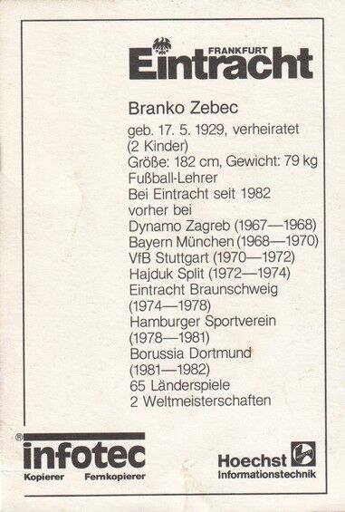 Autogramm Fussball | Eintracht Frankfurt | 1982 | Branko ZEBEC