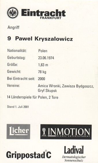 Autogramm Fussball | Eintracht Frankfurt | 2001 | Pawel KRYSZALOWICZ