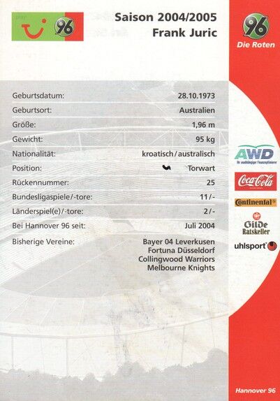 Autogramm Fussball | Hannover 96 | 2004 | Frank JURIC