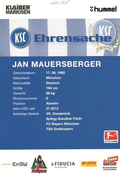 Autogramm Fussball | Karlsruher SC | 2014 | Jan MAUERSBERGER