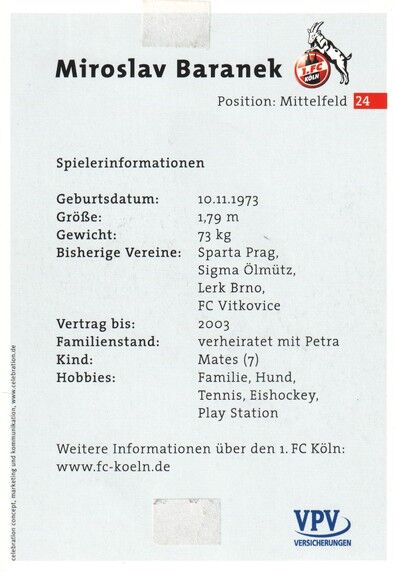 Autogramm Fussball | 1. FC Köln | 2000 | Miroslav BARANEK