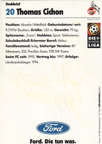 Autogramm Fussball | 1. FC Köln | 1996 | Thomas CICHON