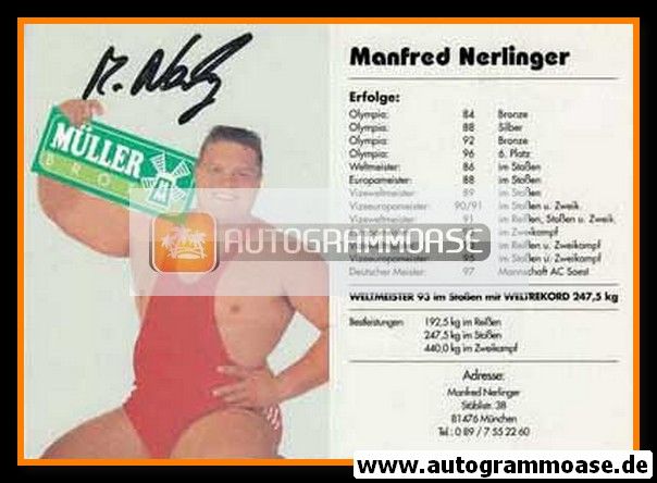 Autogramm Gewichtheben | Manfred NERLINGER | 1990er (Müller Brot)