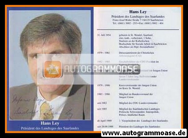 Autogramm Politik | CDU | Hans LEY | 2000er (Lebenslauf)